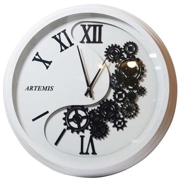 ساعت دیواری آرتمیس Artemis | گرد فلزی سایز 50 طرح چرخ دنده عدد برجسته | کد 2029 سفید