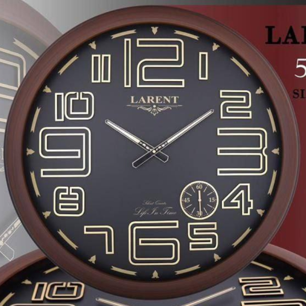 ساعت دیواری لارنت مدل 5505، ساعت دیواری سایز 70 پلاستیکی طرح کلاسیک با صفحه تمام چوب و اعداد برجسته، دارای موتور ثانیه شمار مستقل، رنگ قهوه ای