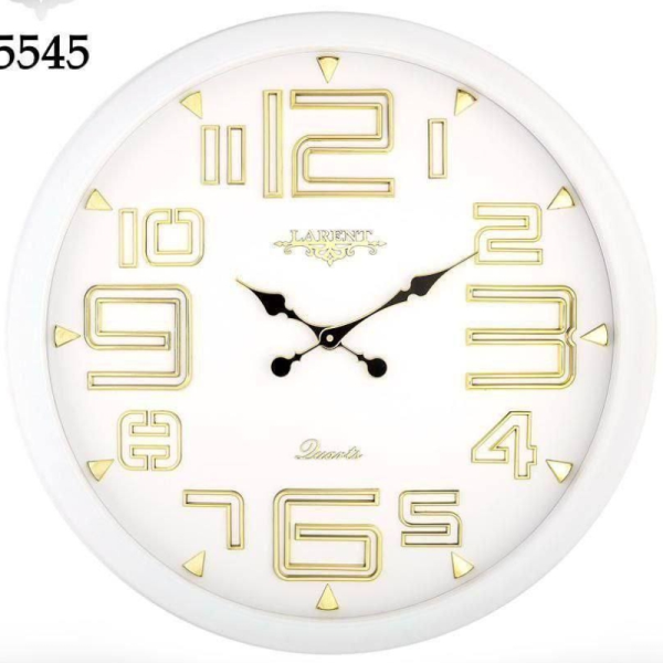 ساعت دیواری لارنت مدل 5545، ساعت دیواری سایز 70 پلاستیکی طرح کلاسیک با صفحه تمام چوب و اعداد برجسته، دارای موتور ثانیه شمار مستقل، رنگ سفید