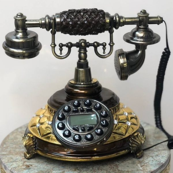 تلفن تزیینی میرون مدل 112، تلفن رومیزی و سلطنتی بسیار زیبا، دارای شناسه تماس گیرنده و شماره گیر دکمه ای، ترکیب رنگ قهوه ای