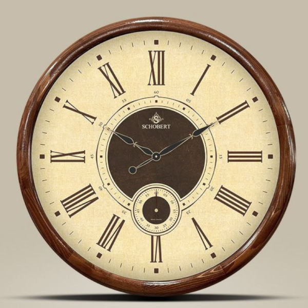 ساعت دیواری شوبرت مدل 1500، ساعت دیواری با فریم چوب طبیعی، سایز 50 با اعداد و عقربه های قهوه ای