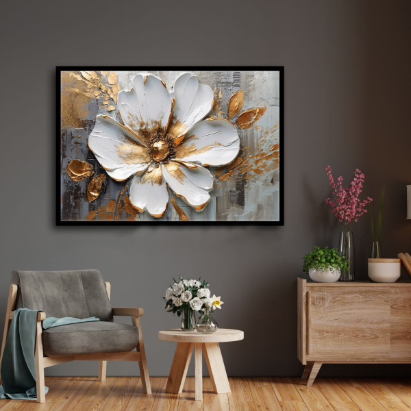 تابلو دکوراتیو شاین کد 845، جدیدترین مدل تابلو با بالاترین کیفیت چاپ، متریال پی وی سی قاب، تابلو زیبا و جذاب، تابلو هنری با کیفیت فوق العاده و قابل شستشو طرح انتزاعی گل سفید و رنگ طلایی