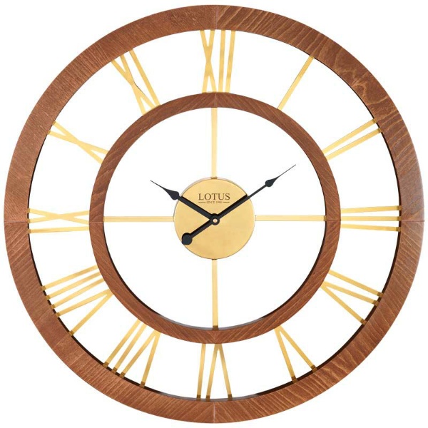 ساعت دیواری چوبی لوتوس، ساعت دیواری مینیمال ترکیب چوب راش و فلز آبکاری شده سایز 70 سانت | ساعت دیواری آرامگرد | مدل 19022 گردویی طلایی