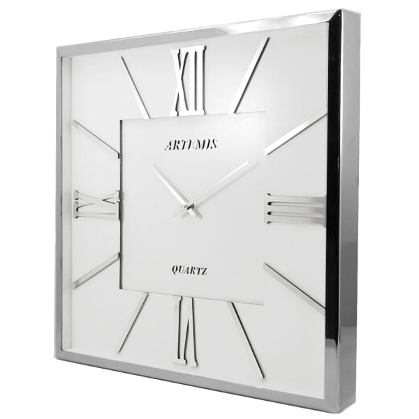 ساعت دیواری فلزی آرتمیس، ساعت دیواری مربع فلزی و آبکاری شده سایز 50 رنگ سیلور صفحه سفید مدل 2026