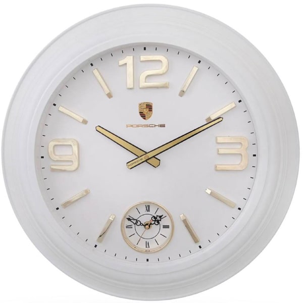 ساعت دیواری پورشه مدل 216 سفید، ساعت دیواری سایز 50 با بدنه پلاستیک و اعداد برجسته طلایی رنگ