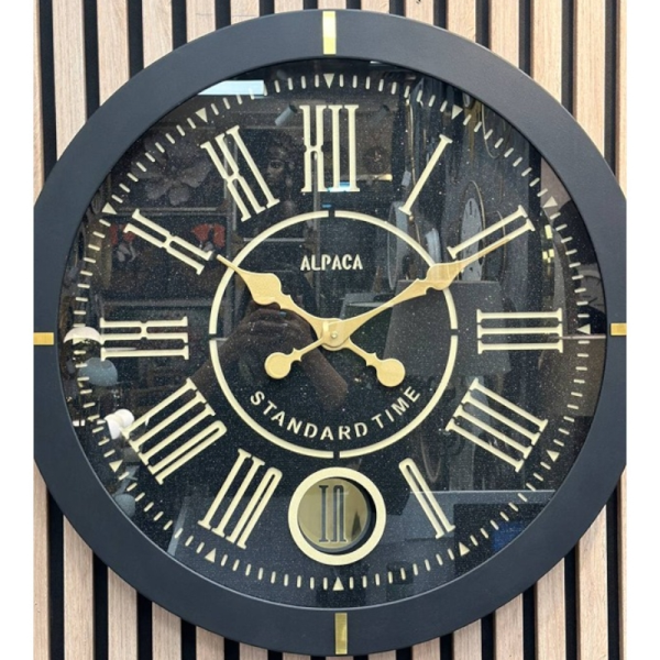  ساعت دیواری چوبی آلپاکا Alpaca کد GL79، ساعت دیواری پاندول دار و گرد ام دی اف سایز 70 و موتور آرامگرد، ساعت دیواری با صفحه مینیمال و جذاب، رنگ مشکی