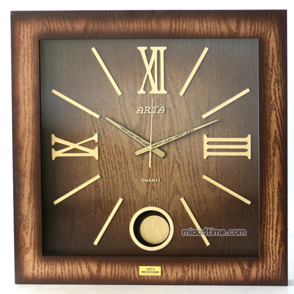  ساعت دیواری آرتا Arta کد 54، ساعت دیواری چهارگوش چوبی با متریال MDF، دارای پاندول، رنگ قهوه ای، دارای موتور آرامگرد، سایز 42
