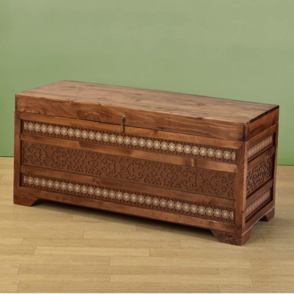 صندوق چوبی مدل SD03031، صندوق سبد دار با متریال چوب و طراحی کلاسیک، طراحی معرق رویه صاف