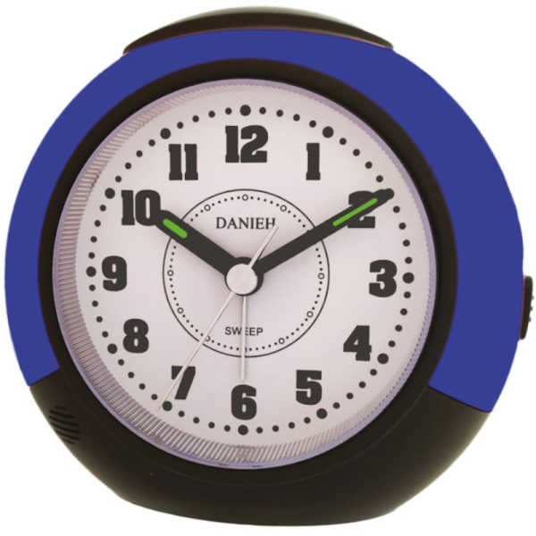 ساعت رومیزی دانیه کد 965، ساعت رومیزی فانتزی دارای آلارم، تغذیه با باتری قلمی، ساعتی با تکنولوژی کوارتز و با قاب پلاستیک، رنگ آبی