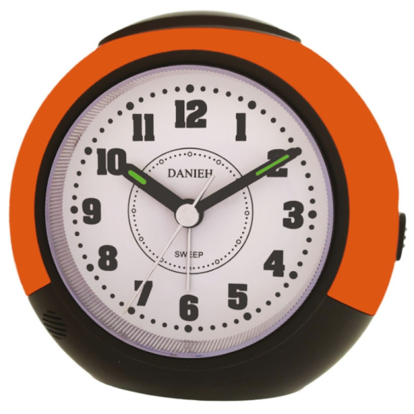 ساعت رومیزی دانیه کد 965، ساعت رومیزی فانتزی دارای آلارم، تغذیه با باتری قلمی، ساعتی با تکنولوژی کوارتز و با قاب پلاستیک، رنگ نارنجی
