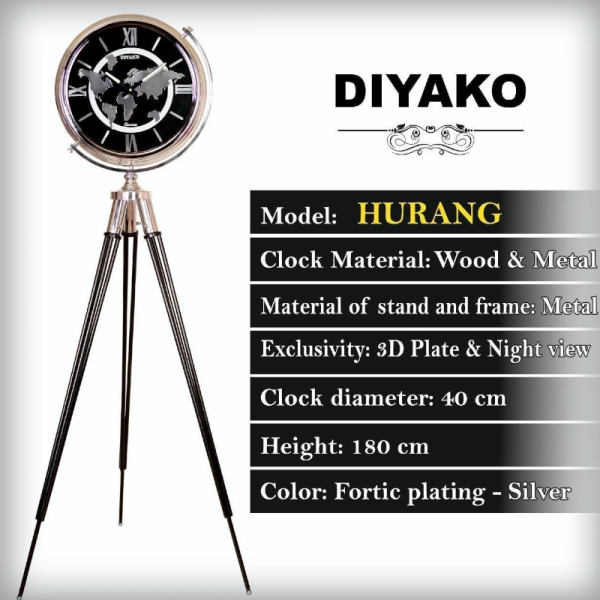 ساعت ایستاده چوبی دیاکو مدل هورنگ، ساعت ایستاده چراغ دار و پایه دار، ارتفاع 180 سانتی متر، جنس بدنه از چوب و فلز، دارای تنوع رنگ بندی، رنگ سیلور