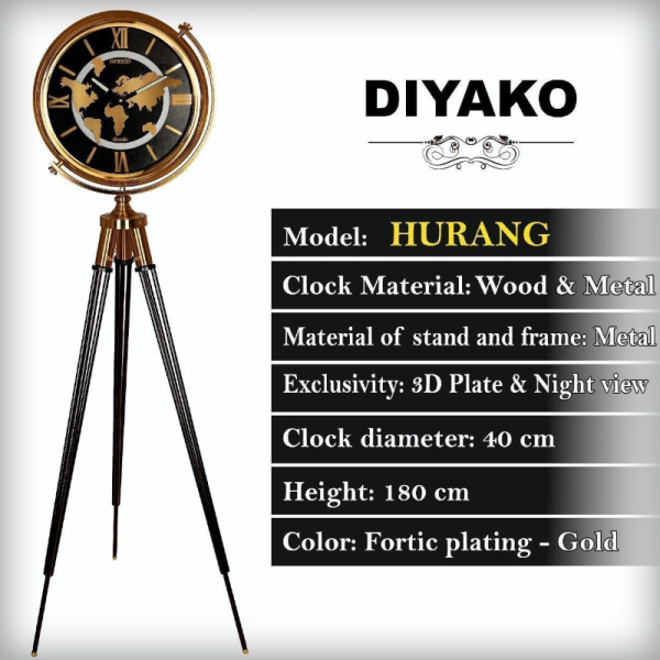 ساعت ایستاده چوبی دیاکو مدل هورنگ، ساعت ایستاده چراغ دار و پایه دار، ارتفاع 180 سانتی متر، جنس بدنه از چوب و فلز، دارای تنوع رنگ بندی، رنگ طلایی