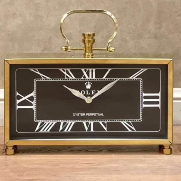 ساعت رومیزی رولکس، ساعت رومیزی مستطیلی افقی از جنس استیل با موتور آرامگرد طرح زیبا مناسب میز کار و میز کنسول، رنگ طلایی صفحه مشکی