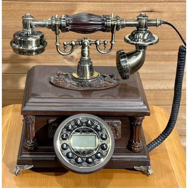 تلفن سلطنتی رومیزی مدل 203، تلفن سلطنتی با طراحی طرح نقش برجسته روی بدنه تلفن، دکوری شیک و جذاب مناسب منزل و محل کار، رنگ قهوه ای