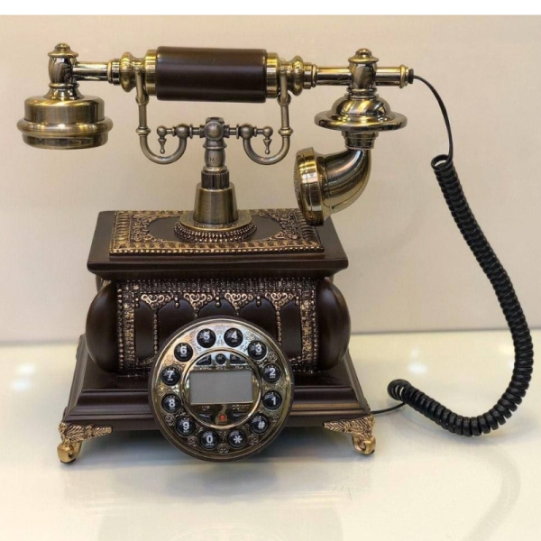 تلفن رومیزی آرنوس مدل W 016، تلفن سلطنتی با طراحی نقش برجسته طلایی رنگ، دکوری شیک و جذاب مناسب منزل و محل کار، رنگ قهوه ای طلایی