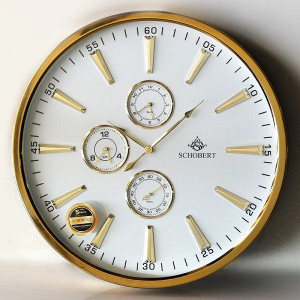 ساعت دیواری فلزی شوبرت مدل 5310GA، ساعت دیواری مدرن و فلزی با طراحی عالی، دارای چهار موتور فعال ، دارای موتور نمایش گرافیکی روز و شب، رنگ طلایی سفید