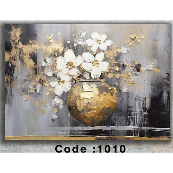 تابلو دکوراتیو شاین کد 1010، جدیدترین مدل تابلو با بالاترین کیفیت چاپ، متریال پی وی سی قاب، تابلو زیبا و جذاب، تابلو هنری با کیفیت فوق العاده و قابل شستشو طرح انتزاعی گلدان طلایی و گل