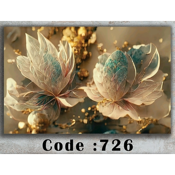 تابلو دکوراتیو شاین کد 726، جدیدترین مدل تابلو با بالاترین کیفیت چاپ، متریال پی وی سی قاب، تابلو زیبا و جذاب، تابلو هنری با کیفیت فوق العاده و قابل شستشو طرح گل های فیروزه ای طلایی