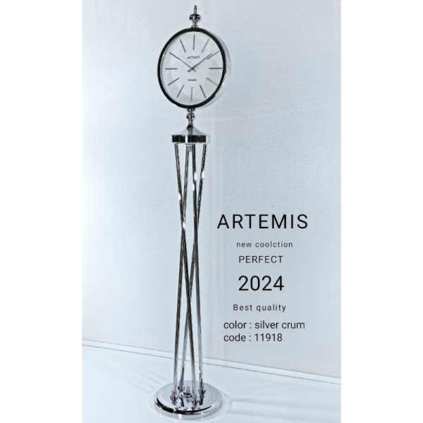 ساعت ایستاده آرتمیس مدل 11918، ساعت سالنی با آبکاری PVD درجه یک و کالکشن 2024، دارای پایه های زیبا،در چهار رنگ، موتور آرامگرد تایوانی ، رنگ نقره ای صفحه سفید
