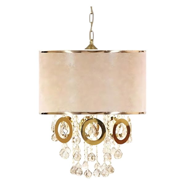 لوستر سقفی مدل 102، لوستر سقفی خاص با متریال طلق و پارچه کلاهک با رنگ بندی متنوع ، دارای 6 عدد سرپیچ شمعی E14 و 18 آویز و 8 حلقه قطر 12 سانت با 15 حلقه کوچک