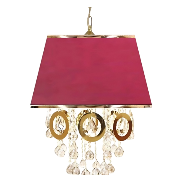 لوستر سقفی مدل 102، لوستر سقفی خاص با متریال طلق و پارچه کلاهک با رنگ بندی متنوع ، دارای 6 عدد سرپیچ شمعی E14 و 18 آویز و 8 حلقه قطر 12 سانت با 15 حلقه کوچک