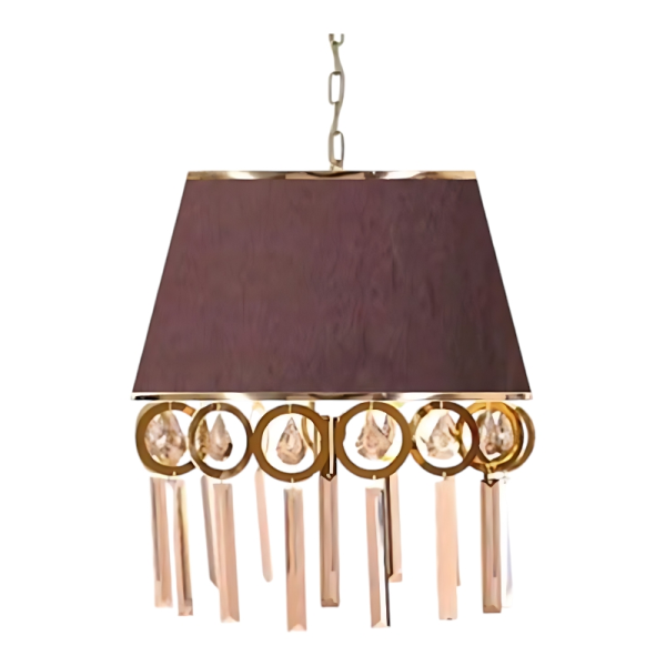 لوستر سقفی مدل 126، لوستر سقفی خاص با متریال طلق و پارچه کلاهک با رنگ بندی متنوع ، دارای 6 عدد سرپیچ شمعی E14 و 30 آویز و 15 حلقه قطر 8 سانت