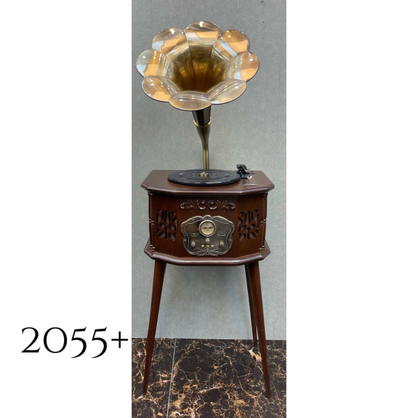 گرامافون رومیزی پایه دار مدل +2055، گرامافون سبک قدیمی مجهز به رادیو دو موج، فلش خور،بلوتوث، پخش صفحات گرام و کارت حافظه | هدیه‌ای خاص و ارزنده