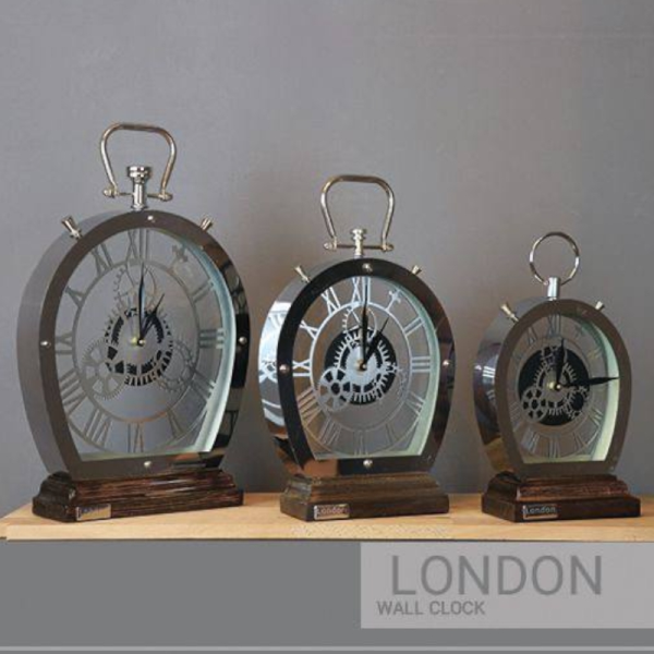 ساعت رومیزی منحنی لندن، ساعت رومیزی استیل نقره ای، موتور آرامگرد، رنگ نقره ای با صفحه مولتی پایه چوب، سایز 22x31