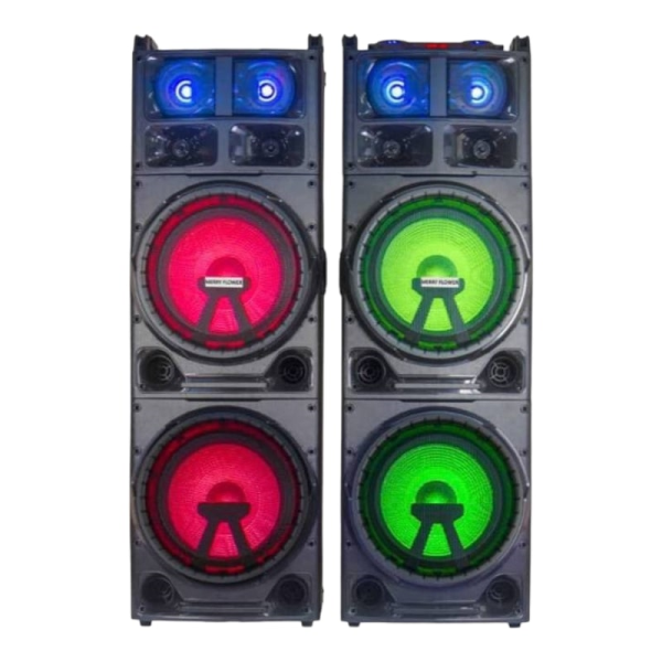 اسپیکر بلوتوث مری فلاور، اسپیکر بلوتوثی دی جی دار با بهره مندی از نورپردازی LED، دارای دو ساب ووفر 12 اینچ چراغ دار، دارای پنل حرفه ای تنظیم صدا، قابلیت های AUX,USB,BT,FM | مدل 21000