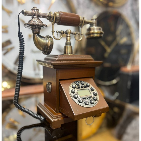 تلفن رومیزی چوبی مدل 4016، تلفن رومیزی کلاسیک با شماره گیر دکمه‌ ای، تلفن رومیزی خاص و سنتی، بدنه چوبی، رنگ قهوه ای