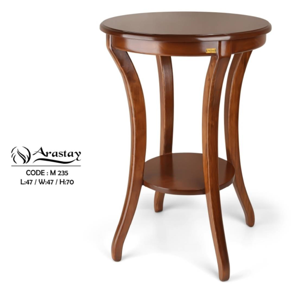 میز گرد مدل افق با کد M 235، میز تلفن چوبی و پایه بلند زیبا، دارای کشویی برای نگه داری وسایل کوچک، سطح پایینی میز برای نگه داری وسیله دکوری، ارتفاع 90 سانت