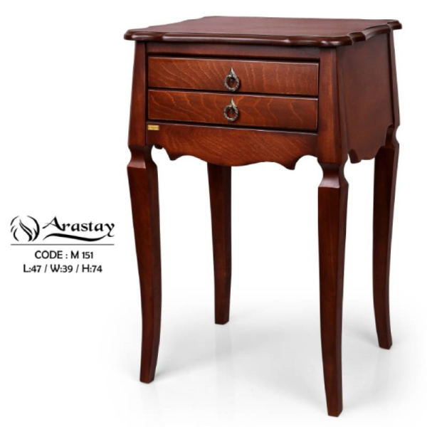 میز تلفن چوبی مدل گرامی کد M 151، میز تلفن پایه دار بسیار شیک و چوبی، دارای دو کشو برای نگه داری وسایل کوچک، فضایی برای نگه درای وسایل تزیینی در پایین و سطح بالای میز