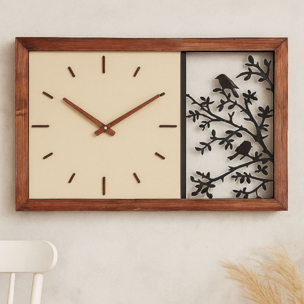 ساعت دیواری چوبی دست‌ساز تلفیقی با تابلوی هنری پرندگان کد 179، طراحی خاص و مدرن | یک قاب هنری برای نمایش زمان