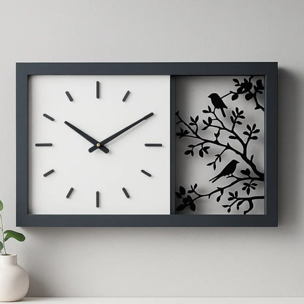 ساعت دیواری چوبی دست‌ساز تلفیقی با تابلوی هنری پرندگان کد 180، طراحی خاص و مدرن | یک قاب هنری برای نمایش زمان
