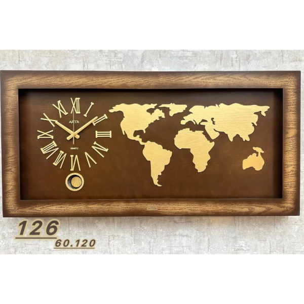 ساعت دیواری مدل 126، ساعت دیواری پاندول دار طرح نقشه جهان، متریال ام دی اف ساعت، دارای موتور آرامگرد با دو سال ضمانت، رنگ قهوه ای