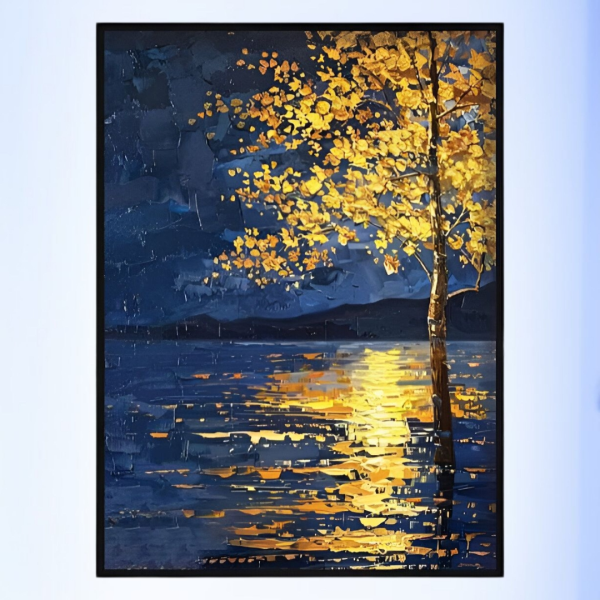تابلو دکوراتیو شاین کد 202410، تابلو دکوراتیو با تصویر لمینت شاینی، متریال پی وی سی قاب، تابلو زیبا و جذاب با کیفیت فوق العاده و قابل شستشو، طرح درخت کنار دریاچه 