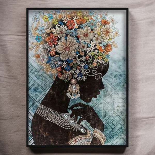 تابلو دکوراتیو شاین کد 202417، تابلو دکوراتیو با تصویر لمینت شاینی، متریال پی وی سی قاب، تابلو زیبا و جذاب با کیفیت فوق العاده و قابل شستشو، طرح نیم‌رخ دختر آفریقایی