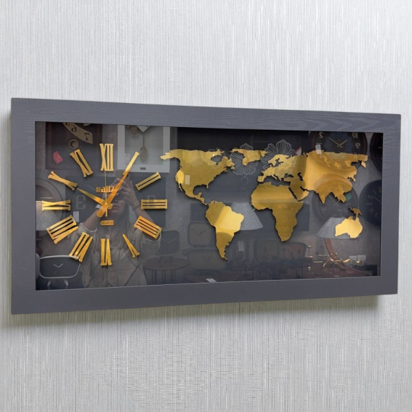 ساعت دیواری مدل 3315، ساعت دیواری طرح نقشه جهان با تنوع رنگ بندی، متریال ام دی اف ساعت، دارای موتور آرامگرد با دو سال ضمانت، رنگ طوسی