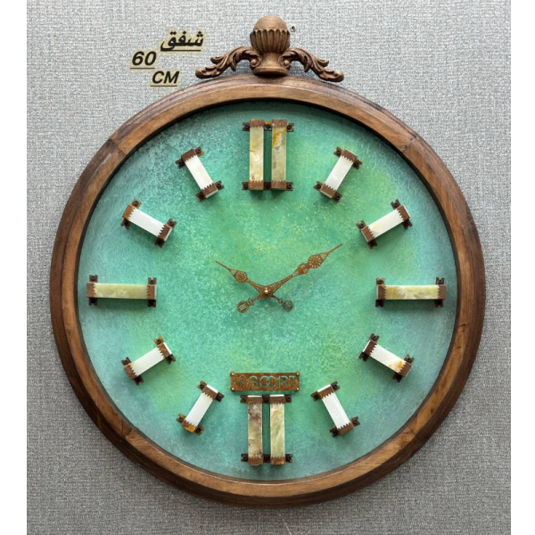  ساعت دیواری آرتا Arta مدل شَفق، ساعت دیواری چوبی سنگی با بدنه چوب روس طبیعی و صفحه ساعت از پوست طبیعی، اعداد کوارتز سنگی، سایز 60، رنگ سبز