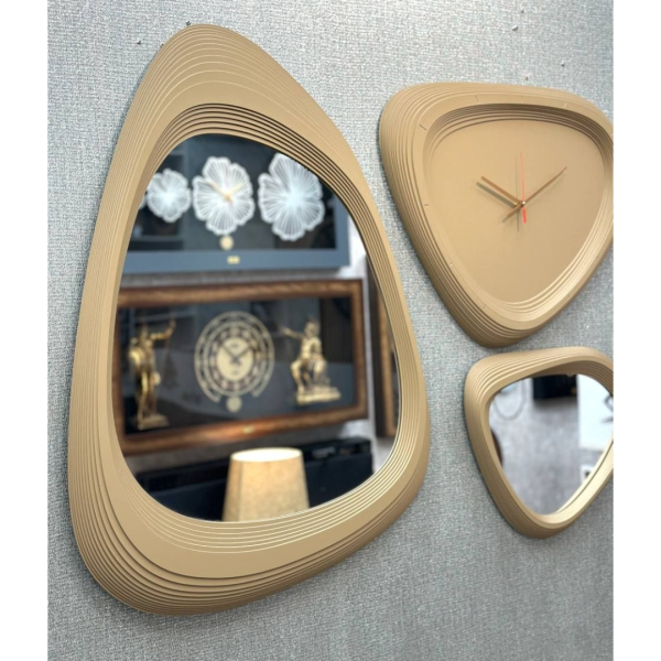 ست آینه و ساعت دیواری راچین مدل 4569، ست سه تکه دو آینه و یک ساعت دیواری آرامگرد با متریال بتن، با طراحی خاص و مینیمال، رنگ کرم