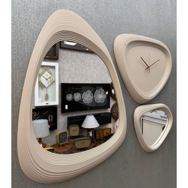 ست آینه و ساعت دیواری راچین مدل 4569، ست سه تکه دو آینه و یک ساعت دیواری آرامگرد با متریال بتن، با طراحی خاص و مینیمال، رنگ شیری
