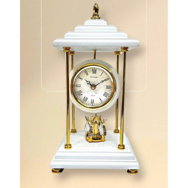 ساعت رومیزی فلزی آرتمیس مدل 1027، ساعت رومیزی کلاسیک و شیک با طراحی گردون، قابلیت پخش ملودی، زنگ‌دار، و بدنه‌ای مقاوم فلزی با تنوع رنگی