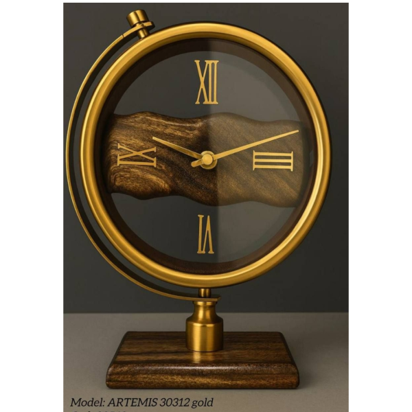 ساعت رومیزی لوکس آرتمیس مدل 30568، طراحی خاص با قاب گردان فلزی و پایه چوبی | تلفیق هنر و زمان در دو رنگ طلایی و نقره‌ای