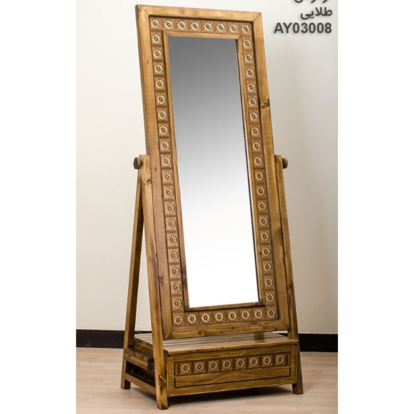 آینه ایستاده چاتمه کشو دار مدل لوتوس کد AY03008، آینه قدی بسیار زیبا با قاب چوبی روسی و دارای یک کشو چوبی، رنگ طلایی