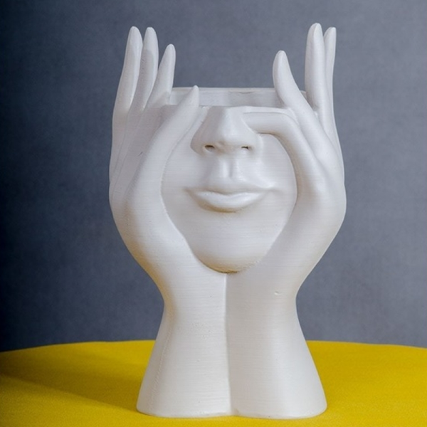 گلدان تفکر مدل GO27285، گلدان تزیینی و دکوری با طراحی ساده و زیبا و همینطور خلاقانه، طرح صورت و دست و نماد تفکر