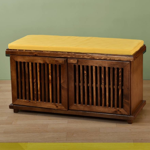 جاکفشی نشیمن سویل مدل JK03065، جاکفشی با طراحی سنتی، دارای طبقه هایی برای نگهداری کفش و جزییات مربوطه، رنگ زرد