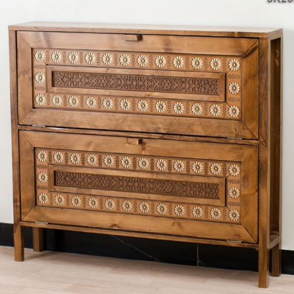 جاکفشی باریک لوتوس فیروزه ای کد JK20045، جاکفشی با طراحی سنتی، دارای طبقه های برای نگهداری کفش و جزییات مربوطه