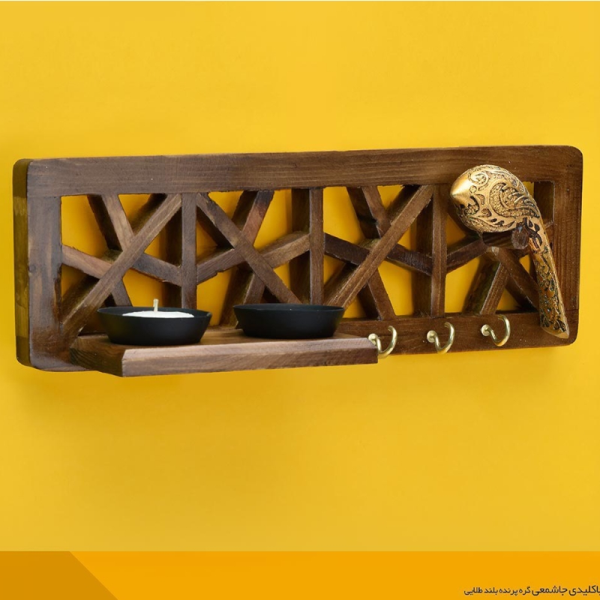 جاکلیدی و جاشمعی طرح گره پرنده بلند طلایی مدل JA04030، جاکلیدی طرح سنتی مدل گره پرنده سایز 30x10x8 با طراحی اصیل و کلاسیک چوبی و طرح های سنتی روی بدنه