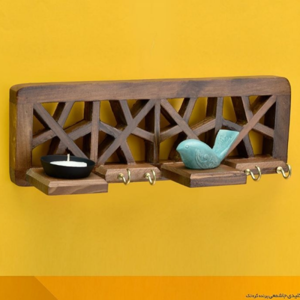 جاکلیدی و جاشمعی طرح نرگس تک پرنده مدل JA04031، جاکلیدی طرح سنتی مدل تک پرنده سایز 30x10x8 با طراحی اصیل و کلاسیک چوبی و طرح های سنتی روی بدنه