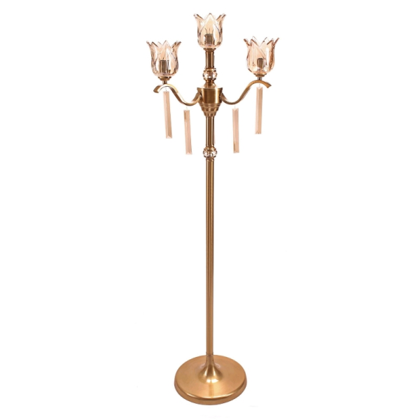 آباژور سالنی مدل 127، آباژور ایستاده با پایه آهنی، متریال طلق و پارچه کلاهک، دارای 4 سرپیچ معمولی E27، تعداد 18 آویز، قابل سفارش در دو مدل آویز دار و بدون آویز، تنوع رنگی، رنگ طلایی